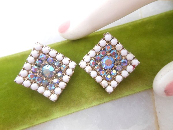Vintage Milk Glass Earrings Rhinestone Clip On Aurora Borealis Mid Century Jewelry Gift, VivianJoel.com