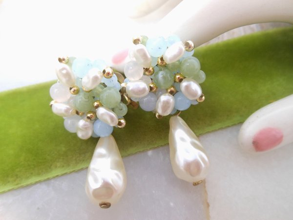 Vintage Pearl Earrings Cluster Bead Pastel Dangle Drop Clip On Mid Century Jewelry Gift, VivianJoel.com