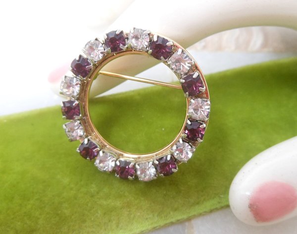 Vintage Amethyst Brooch Rhinestone Wreath Pin Crystal Purple Circle Mid Century February Jewelry Gift, VivianJoel.com