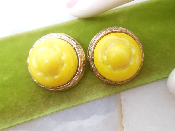 Vintage BERGERE Yellow Earrings Art Glass Chunky Clip On Designer Mogul Statement Runway Jewelry Gift, VivianJoel.com