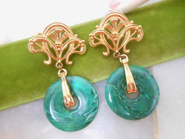 Vintage AVON Faux Jade Ornate Earrings Dangle Drop Chandelier Pierced Post Door Knocker Fleur De Lis Designer Jewelry Gift, VivianJoel.com