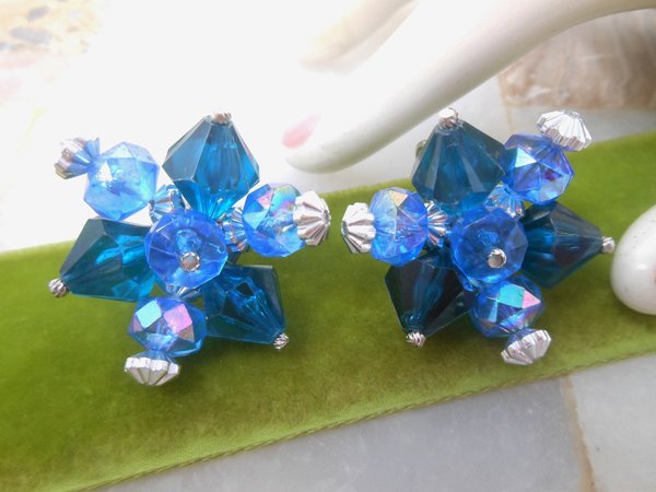 Vintage Blue Sputnik Earrings Flower Starburst Bead Clip On Crystal Plastic Cluster Wedding Mid Century Jewelry Gift,  VivianJoel.com