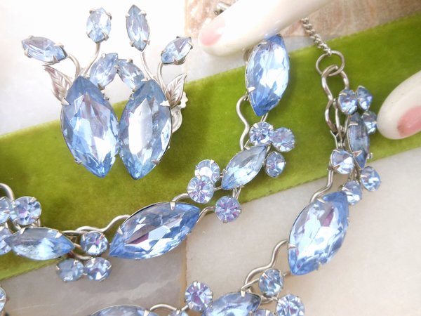 Vintage Blue Rhinestone Necklace Bracelet Earrings Set Crystal Pin Up Retro Glam Mid Century Jewelry Gift, VivianJoel.com