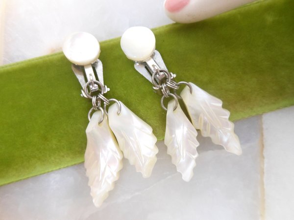Vintage Mother of Pearl Earrings Clip On Dangle Drop Carved Leaf Bead Art Deco Jewelry Beach Wedding Mid Century Gift,  VivianJoel.com
