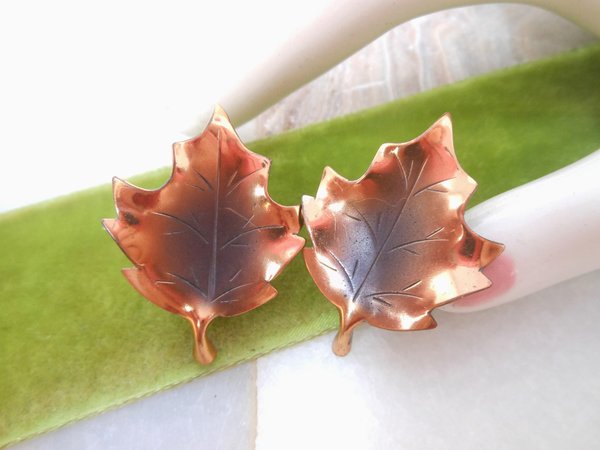 Vintage STERLING SILVER Copper Earrings Screw Back Delicate Leaf Figural 925 NYE Designer Mid Century Jewelry Gift, VivianJoel.com