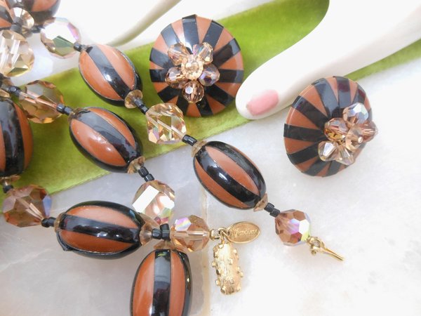 Vintage VENDOME Bead Necklace Earrings Set Crystal Plastic Jewelry Pin Up Designer Mid Century Demi Parure Jewelry Gift, VivianJoel.com