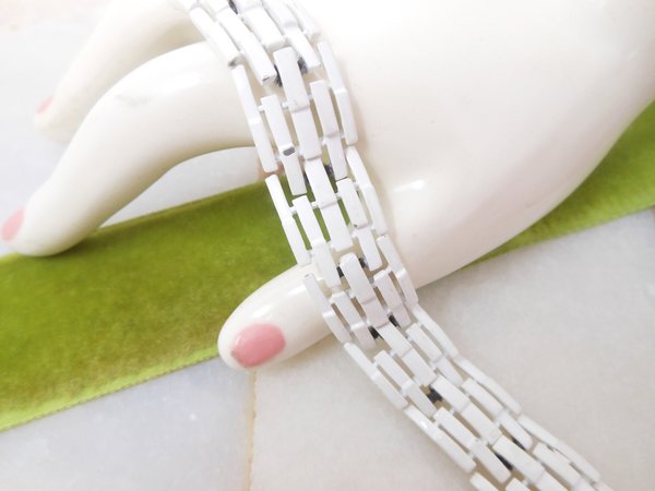 Vintage Crown TRIFARI Multi Link Bracelet White Enamel Mid Century Designer Jewelry *as is*, VivianJoel.com