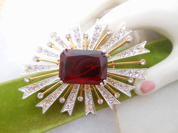Vintage KJL KENNETH Jay LANE Brooch Starburst Pin Red Glass Pave Crystal Chunky Statement Runway Iconic IoB Jewelry Designer, VivianJoel.com