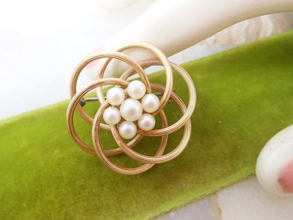 Vintage A & Z Pearl Brooch Love Knot Gold Fill Pin 12K Designer Atomic Flower Infinity Spiral GF Mid Century Jewelry Gift, VivianJoel.com
