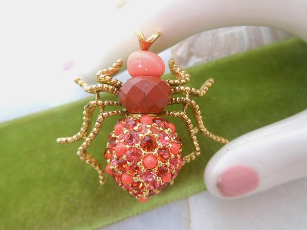 Vintage JOAN RIVERS Faux Coral Pin Brooch Orange Rhinestone Crystal Designer Beetle Bug Insect Jewelry Collectible Gift, VivianJoel.com