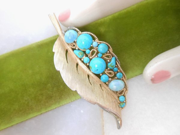 Vintage CAPRI Blue Leaf Brooch Designer Faux Turquoise Aqua Mid Century Jewelry Gift, VivianJoel.com