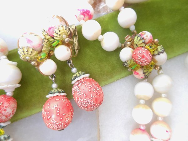 Vintage CORO Necklace Earrings Set Red Pink White Bead Dangle Drop Clip On Retro Pin Up Designer Jewelry Mid Century, VivianJoel.com
