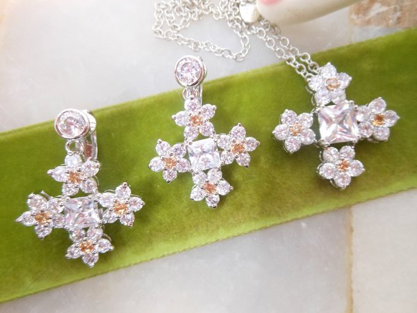 Vintage NOLAN MILLER Necklace Earrings Set Crystal Maltese Cross Rhinestone Flower Glamour Designer Gift Original Box, VivianJoel.com