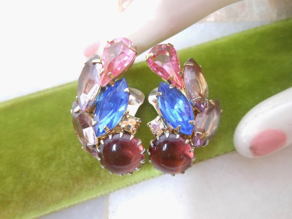 Vintage Rhinestone Earrings Clip OnFruit Salad Ear Climber Crystal Art Glass Jewelry Gift Mid Century, VivianJoel.com