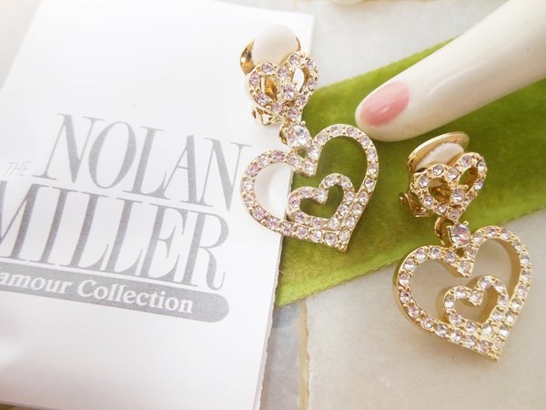 Vintage NOLAN MILLER Heart Earrings Rhinestone Clip On Pave Crystal Dangle Drop Gold Designer Jewelry Gift Original Box, VivianJoel.com
