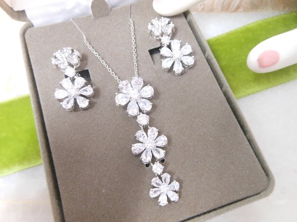 Vintage NOLAN MILLER Crystal Flower Necklace Earrings Set Ice Rhinestone Dangle Glamour Designer Gift Original Box, VivianJoel.com