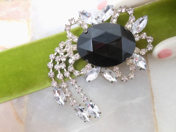 Vintage Big Fringe Brooch Rhinestone Black Clear Dangle Jewelry Gift Regency Renaissance Revival, VivianJoel.com
