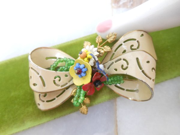 Vintage CORO Bow Designer Brooch Flower Pin Enamel Glass Bead Cluster Jewelry Mid Century, VivianJoel.com