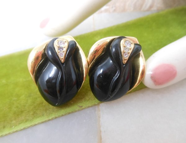 Vintage KJL Black Rose KENNETH Jay LANE Earrings Crystal Lucite Pierced Designer Runway Jewelry Gift Avon, VivianJoel.com