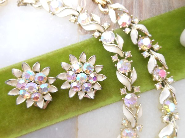 Vintage LISNER Parure Aurora Borealis Necklace Bracelet Earrings Set Rhinestone Enamel Mid Century Designer Jewelry *as is*, VivianJoel.com