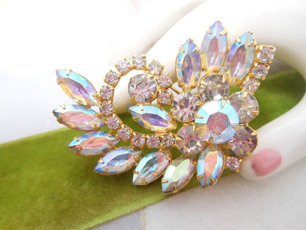 Vintage Aurora Borealis Flower Pin Brooch Rhinestone Regency Renaissance Revival Mid Century Jewelry Gift, VivianJoel.com