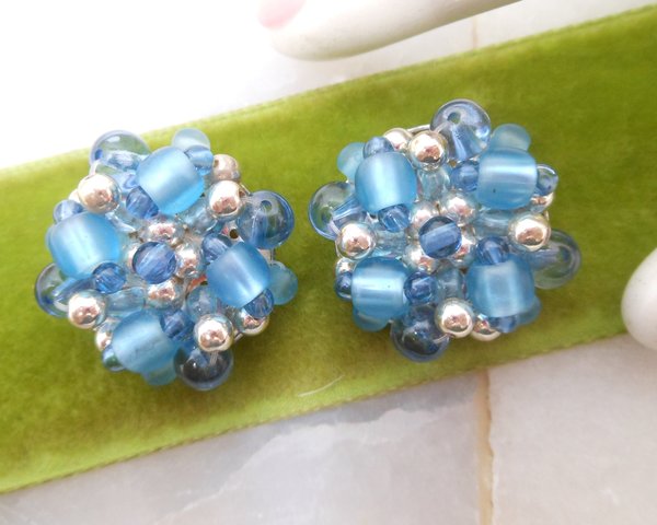 Vintage Blue Glass Bead Cluster Earrings Clip On Regency Revival 50s Glam Jewelry Gift Mid Century, VivianJoel.com
