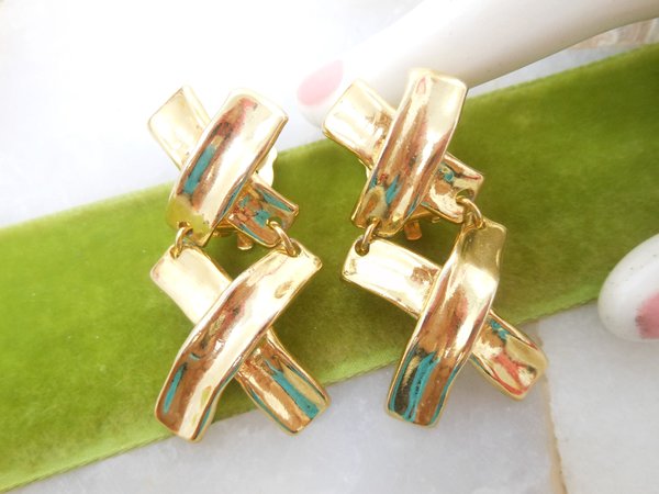 Vintage NORMA JEAN Earrings Chunky Clip On Dangle Drop Gold Tone Plate Designer Statement Jewelry Mid Century Gift, VivianJoel.com