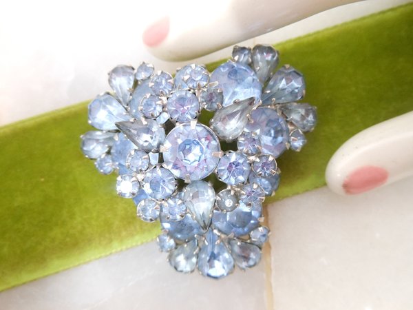 Vintage Blue Rhinestone Brooch Pin Layered Flower Spray Mid Century Jewelry Gift, VivianJoel.com