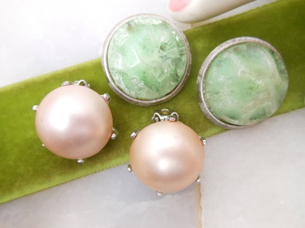 Vintage CORO LOT 2 Earrings Clip On Chunky Pink Green Designer Jewelry Mid Century, VivianJoel.com