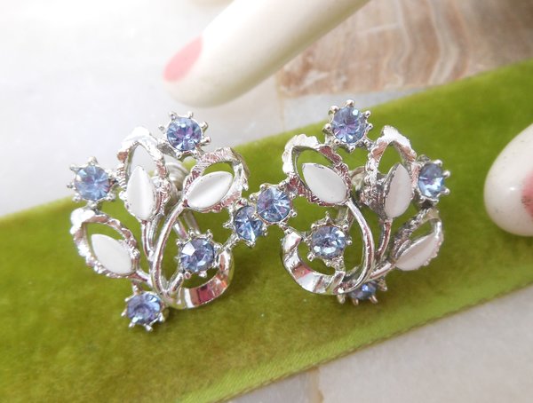 Vintage Blue Rhinestone Earrings Crystal Screw Back Flower Enamel Regency Revival Mid Century Jewelry Gift, VivianJoel.com