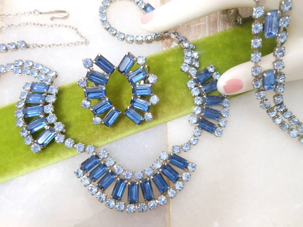 Vintage Blue Rhinestone Necklace Earrings Set Demi Parure Mid Century Regency Renaissance Revival Jewelry Gift, VivianJoel.com