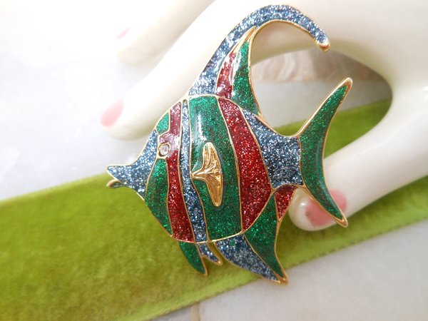 Vintage GIOVANNI Angel Fish Brooch Tropical Tiki Glitter Enamel Figural Sparkly Pin Designer Jewelry Pisces Gift, VivianJoel.com