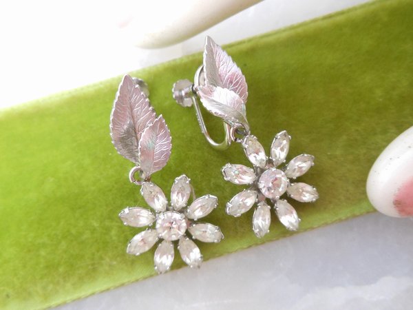 Vintage KREMENTZ Earrings Crystal Flower Designer Screw Back Gold Overlay Daisy Dangle Drop Original Box Mid Century Jewelry, VivianJoel.com