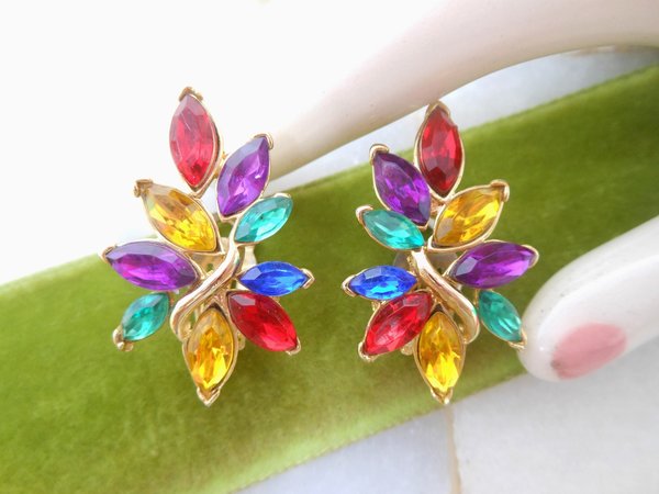 Vintage Rhinestone Flower Earrings Clip On Fruit Salad Colorful Ear Climber Designer Mid Century Jewelry Gift, VivianJoel.com