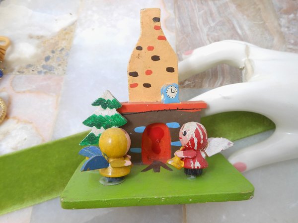 Vintage Christmas Diorama Wood Angel Fireplace Tree Handpaint JAPAN Mid Century *as is*, VivianJoel.com