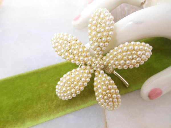 Vintage BSK Designer Brooch Orchid Flower Pin Corsage Seed Pearl Wedding Mid Century Jewelry Gift, VivianJoel.com