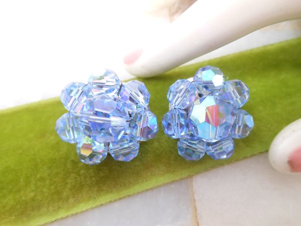 Vintage Blue Crystal Cluster Earrings Clip On Aurora Borealis Bead Prom Party Glam Mid Century Jewelry Gift, VivianJoel.com