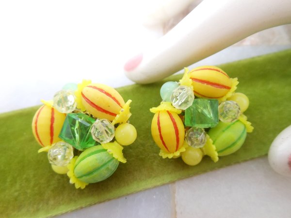 Vintage WEST GERMANY Citrus Earrings Clip On Cluster Plastic Bead Carmen Miranda Tropical Designer Jewelry Mid Century, VivianJoel.com