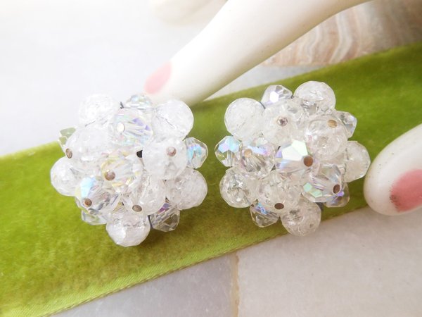Vintage LAGUNA Snowball Earrings Clip On Crystal Cluster Bead Designer Plastic Crackle White Wedding Jewelry Mid Century, VivianJoel.com