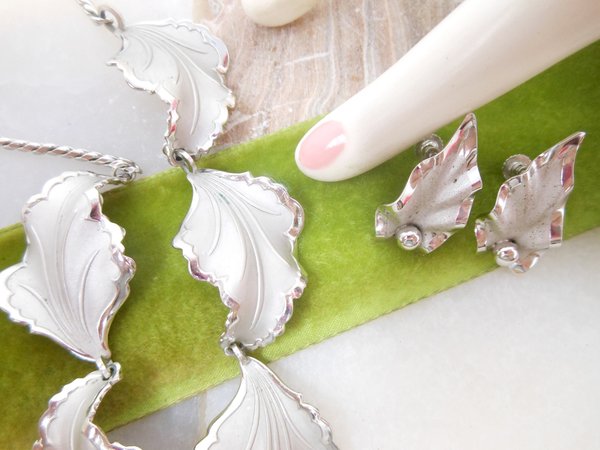 Vintage STERLING Silver Necklace Earrings Set BOND BOYD Screw Back 925 Ruffled Leaf Designer Mid Century Jewelry Gift, VivianJoel.com