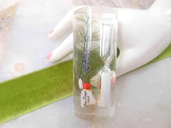 Vintage Lucite Aquarium Egg Timer Resin Plastic San Diego California Travel Souvenir Seahorse Hourglass Gift, VivianJoel.com