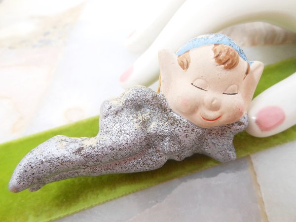 Vintage Christmas JAPAN Pixie Elf Tree Ornament Mica Paper Mache Glitter Doll Mid Century, VivianJoel.com