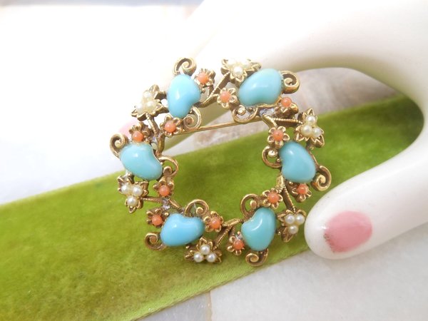 Vintage Ornate Brooch Coral Pin Pearl Turquoise Baby Tooth Victorian Regency Revival Jewelry Gift Mid Century, VivianJoel.com