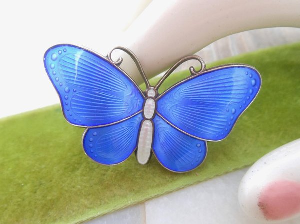 Vintage Norway STERLING SILVER Butterfly Brooch Hroar Prydz Enamel Guilloche Figural Pin 925 Mid Century Jewelry, VivianJoel.com