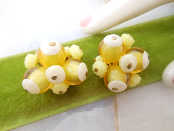 Vintage GERMANY Yellow Earrings Cluster Bead Clip On Plastic Retro Kitsch Mid Century Jewelry Gift,  VivianJoel.com