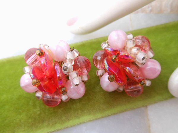 Vintage Pink Glass Earrings Cluster Clip On Aurora Borealis Bead Prom Party Glam Mid Century Jewelry Gift, VivianJoel.com