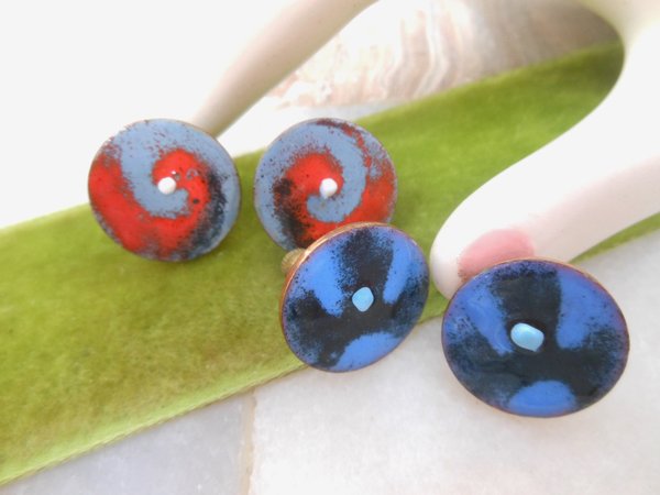 Vintage Colorful Enamel Copper Earrings Screw Back Handmade Artisan Abstract Galaxy Jewelry Gift Mid Century, VivianJoel.com