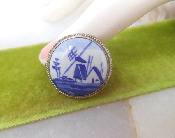 Vintage DELFTS Dutch Windmill Pin Brooch Petite Blue White Porcelain Sterling Silver Mid Century Jewelry Gift, VivianJoel.com