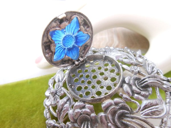 Vintage Perfume Brooch Vinaigrette Pomander Locket Pin Pendant Blue Flower Ornate Jewelry Mid Century, VivianJoel.com