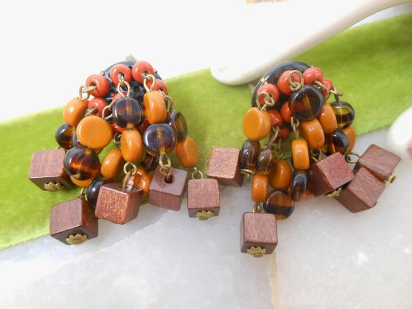 Vintage WEST GERMANY Cha Cha Waterfall Earrings Chandelier Wood Glass Bead Dangle Drop Clip On Jewelry Mid Century, VivianJoel.com